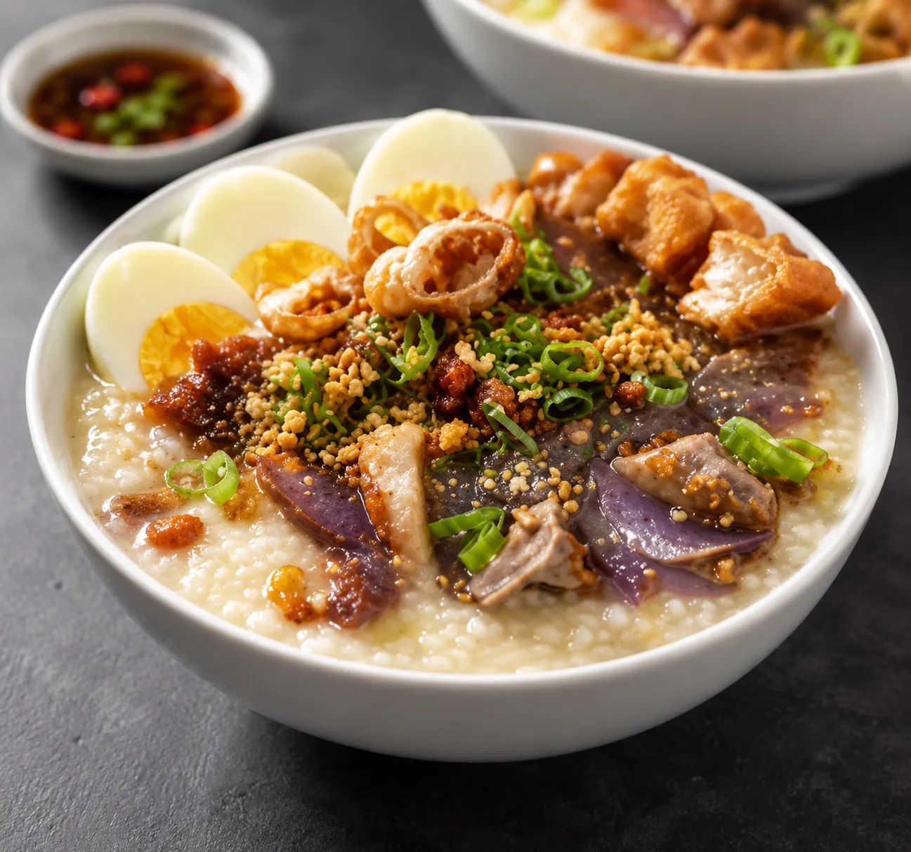 Comforting Filipino rice porridge topped with tender meat, egg, crispy garlic, and savory garnishes.