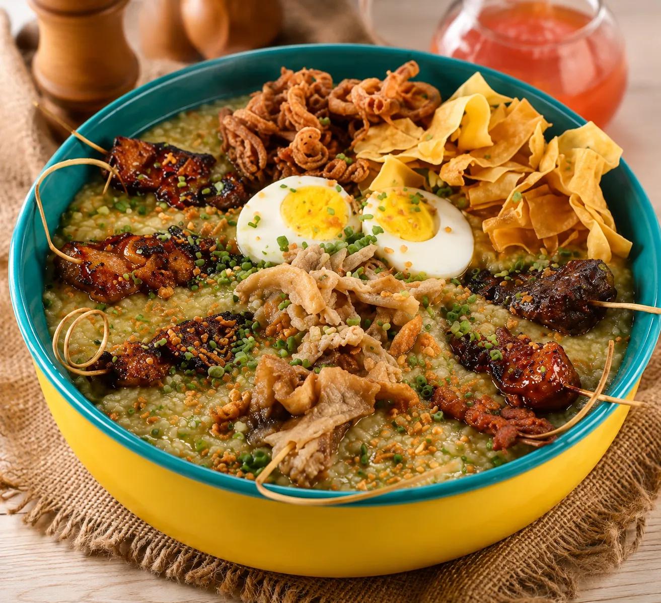 Goto Loaded congee bowl with extra meat toppings in West End Winnipeg