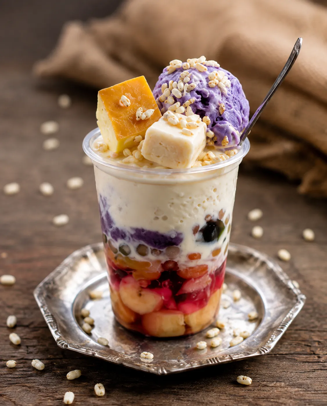 Halo-Halo Filipino shaved ice dessert with ube and leche flan in Winnipeg